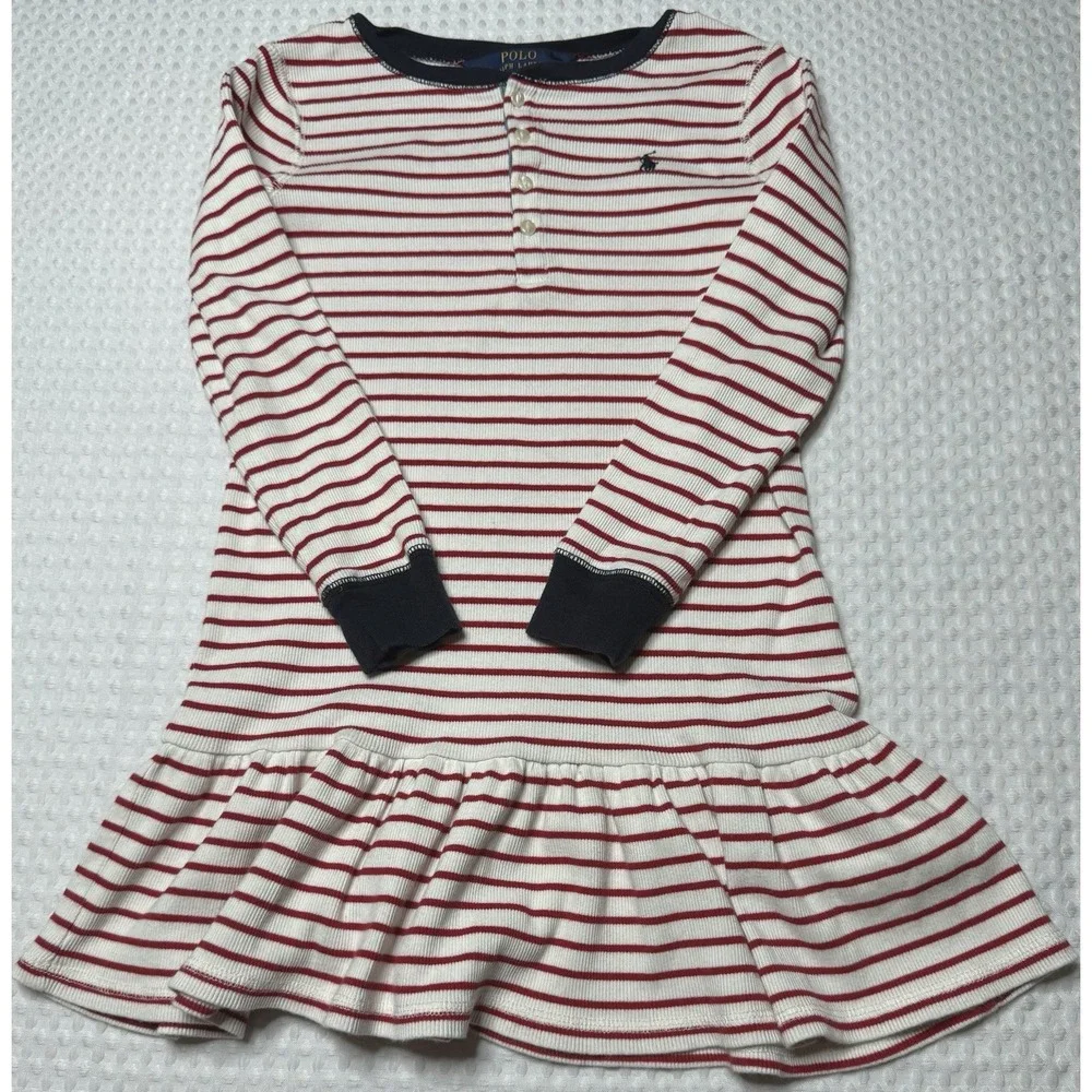 Girls POLO Ralph Lauren Henley Long Sleeve Striped Dress 6X Drop Waist Nautical